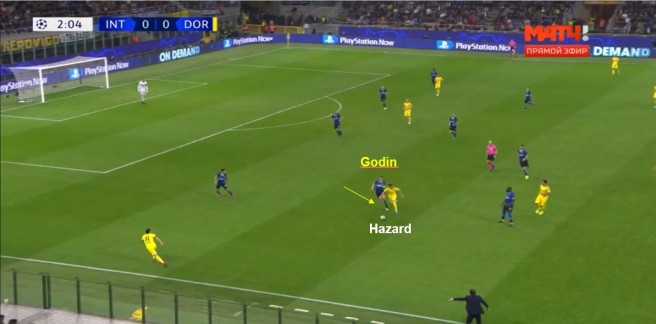 contro il Borussia, Godin rompre la linea per andare a cotrasto su Hazard
